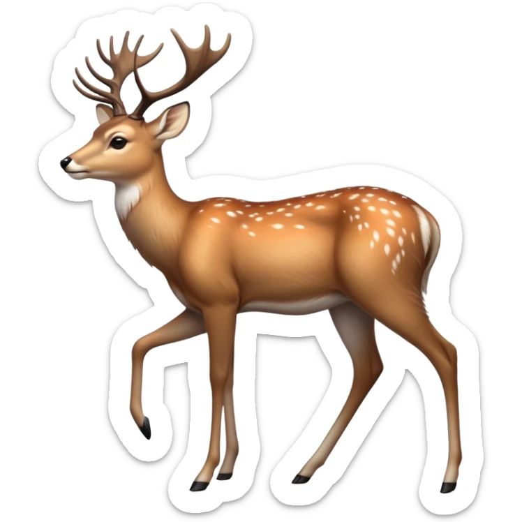 cinematic-noble [deer]-realistic-full-body-standing on all fours-emoji,-tail-tucked-close,-head-tilted-dramatically,-sleek-[fawn]-fur,-simplified-yet-realistic-focused-features,-highly-detailed,-glowing-with-an-almost-sarcastic-glow big antlers sticker