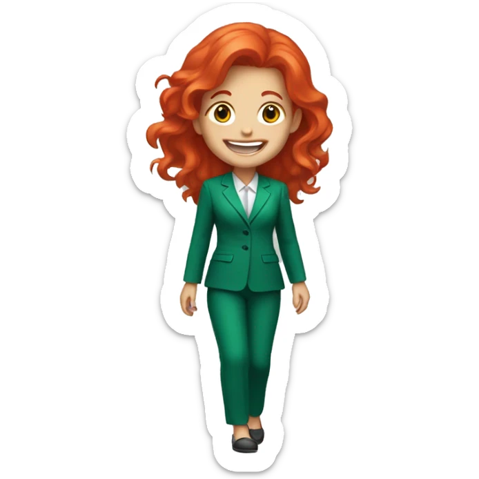 a girl with red hair, wearing an emerald pantsuit, ((cheerful, laughing)), surrounded by a white outline, on a transparent background sticker