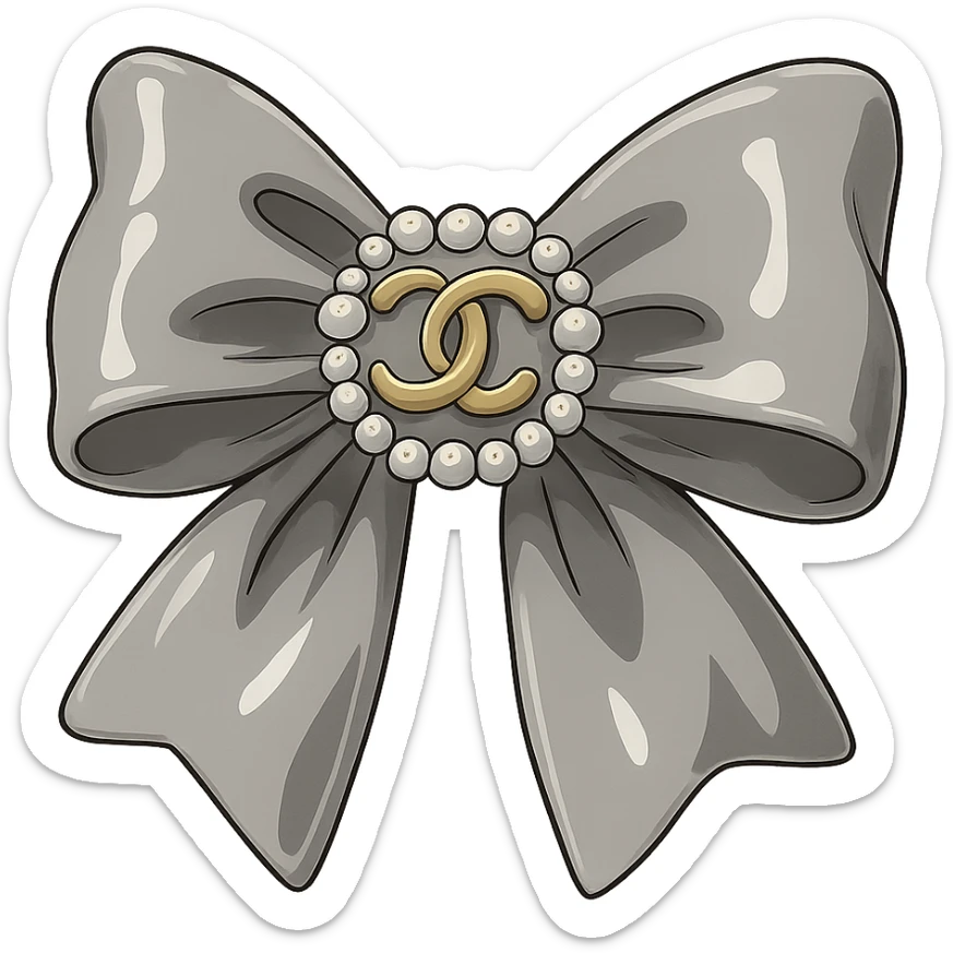 elegant bow with pearls and gold Chanel logo, glossy, monochrome, Ghibli style sticker
