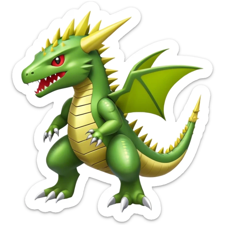 Cool cute shiny futuristic Flygon-Tyranitar-Digimon-hybrid-fusion, yellow belly, full body sticker
