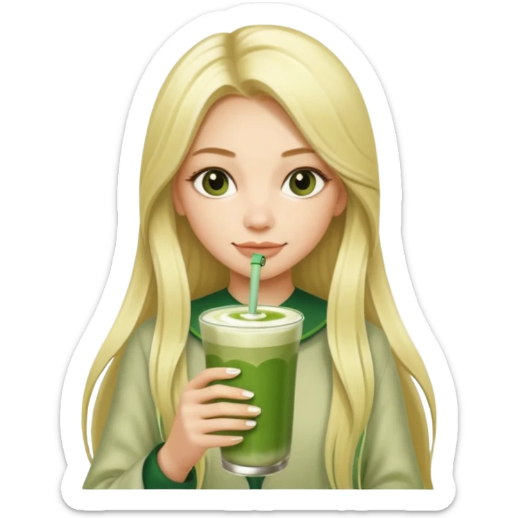 blonde luxury long hair girl with 1 drink of matcha latte and two straws sticker