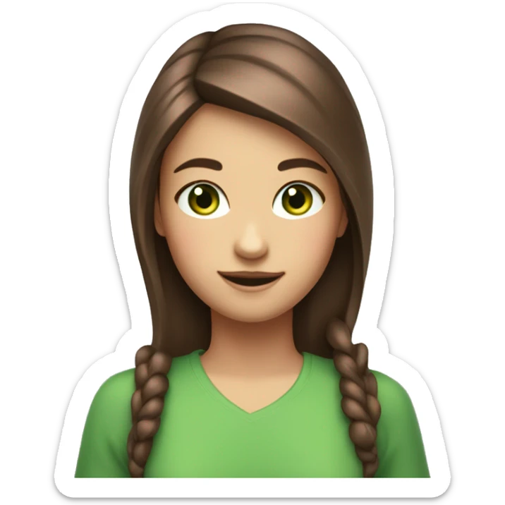 A girl with brown hair and a pink streak and green eyes, who holds a phone and it shines on her face, with a smile-smirk sticker