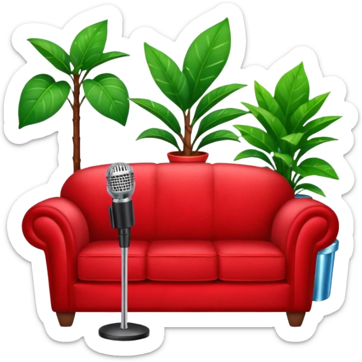 red velvet couch with a mic in front, houseplant in back, and sparkles sticker