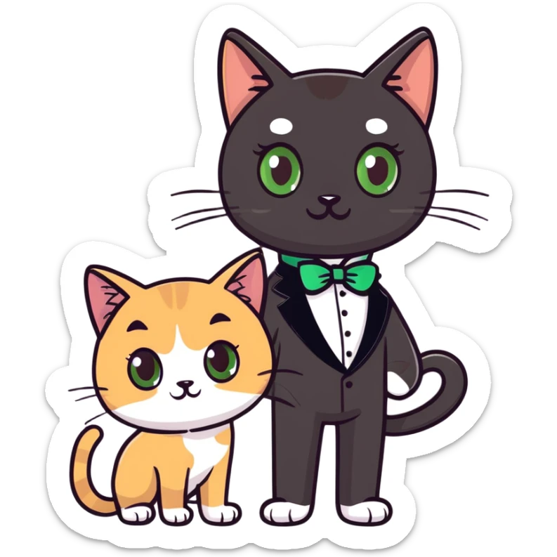 brown haired girl with light tan skin and brown eyes holding a black Bombay cat with green eyes and a black and white Tuxedo cat with hazel eyes sticker