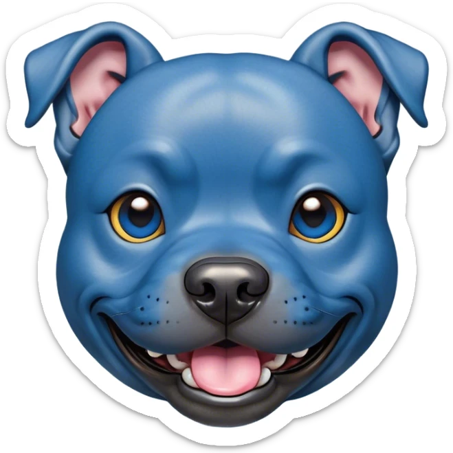 Cinematic Comical Blue Staffordshire Bull Terrier Portrait Emoji, Head tilted dramatically with an exaggeratedly amused expression, featuring a striking blue Fur with a subtle shimmer, wide, expressive dark eyes filled with playful disbelief, Simplified yet hilariously expressive features, highly detailed, glowing with a slightly sassy glow, high shine, dramatic yet playful, stylized with an air of cheeky mischief, bright and endearing, soft glowing outline, capturing the essence of a spirited and over-the-top guardian, so meme-worthy it feels like it could side-eye its way into internet fame instantly! sticker