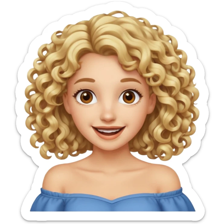happy excited woman with curly long blond hair, brown eyes, wearing an off-shoulder top,  sticker