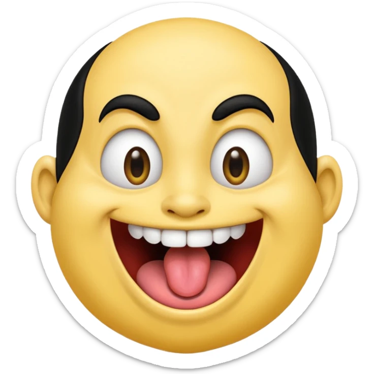 Freaky yellow face emoji smiling really big with huge tongue out and eyes wide open. Tongue should is wagging back and forth. Give him a head of black hair sticker