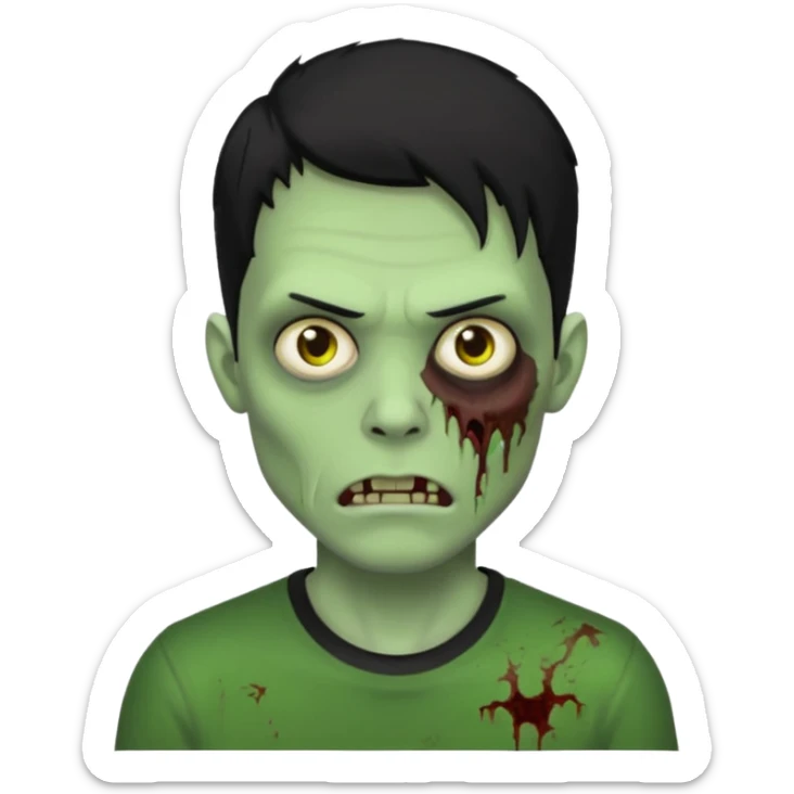 Zombie Emoji AppleIOS Style, lowfade Black Hair, and Black T-shirt, Green Skin, normal expression sticker