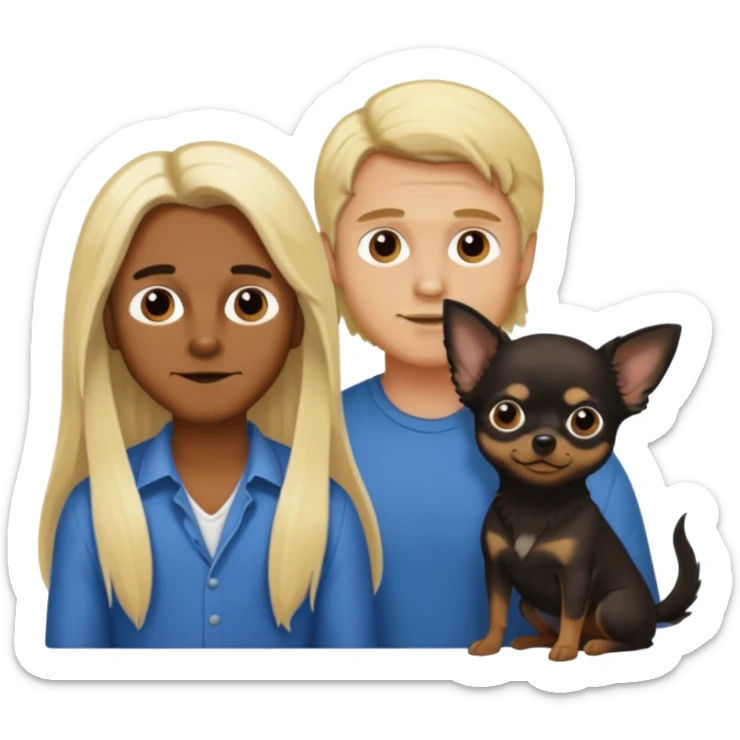 Hombre con pelo largo rubio su pareja chica de pelo castaño oscuro y un chihuahua negro sticker