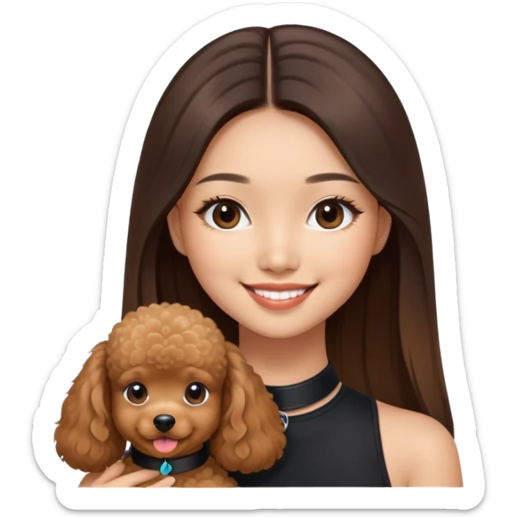a asian girl with long straight balayage hair, long lashes, smiling, wearing black halterneck top, and holding a brown poodle sticker