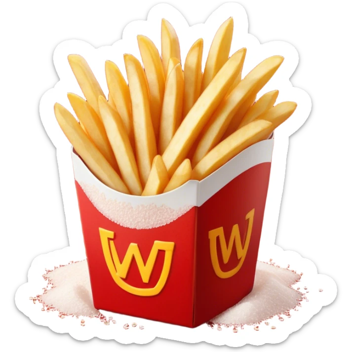 Cinematic crispy golden French fries, piled high, sprinkled with salt, served in a red carton, warm and inviting, rich golden hues, perfectly crunchy and delicious. sticker
