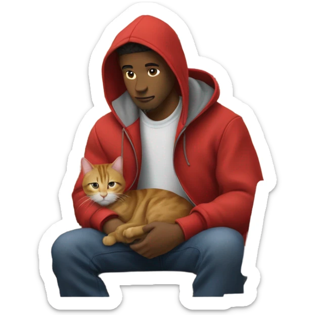man in a carhartt coat with a red hoodie on and a tabby cat in his lap in a home office  sticker