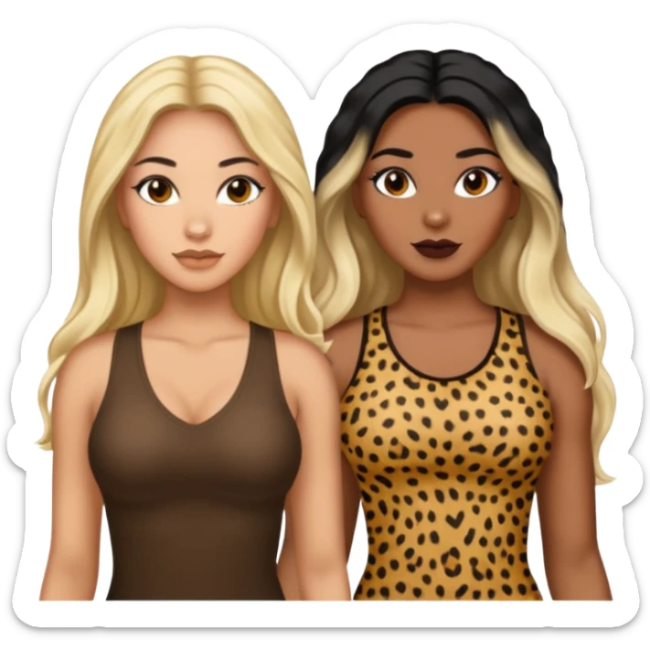 Tan Latina woman with long black hair chubby and dark skinned woman with long blonde hair slim thick in cheetah top sexy sticker
