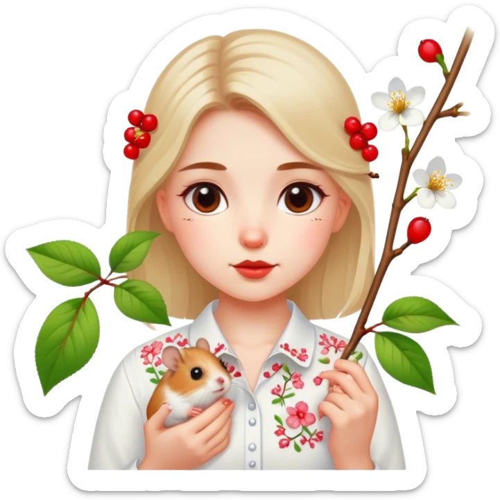 A Ukrainian girl in a white embroidered shirt holds a branch with a blossoming cherry and a hamster sticker