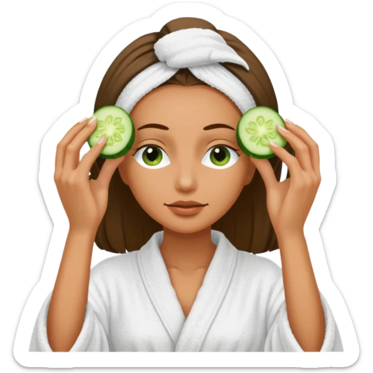 woman at the spa with cucumbers slices covering her eyes and tan skin tone with towel completely covering hair and robe on no hands showing sticker