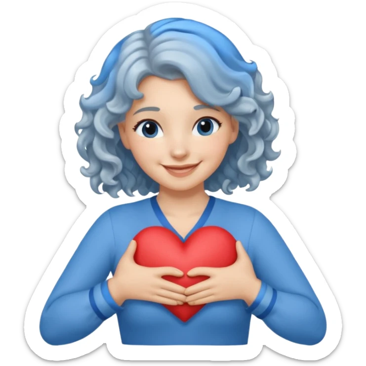 Silver, wavy/curly hair chin-length lady giving hug with 2 arms, blue v-neck and smiling, add a heart, not blue hair sticker