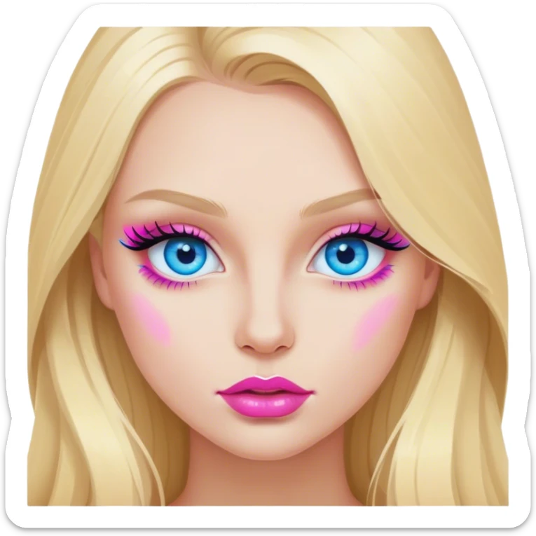 Cinematic realistic blonde with long hair, blue eyes and pink lips paints her eyelashes sticker