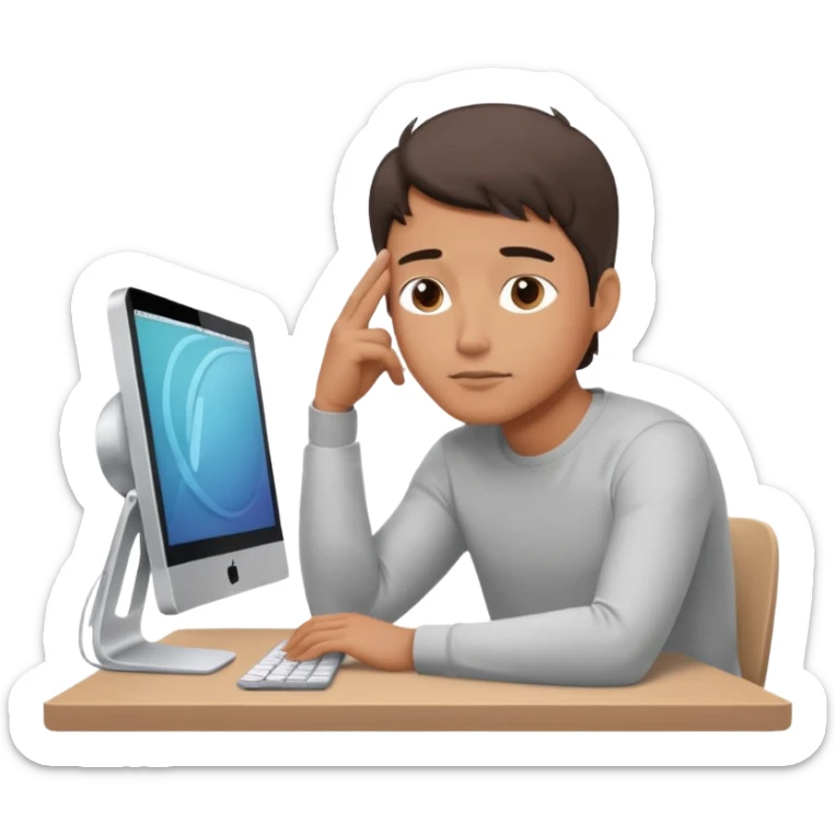 emoji of a man sitting at the table with an imac on it, a man is sitting in a very thoughtful pose, he has his hands on the table and his head resting on themб he look into the screen of imac sticker