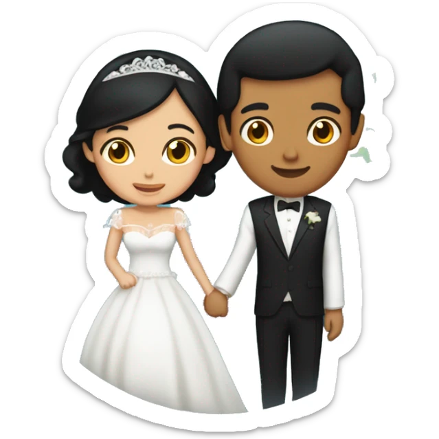 bride with black hair and medium-tan skin, and groom with black hair and fair skin, both inside a globe holding hands sticker