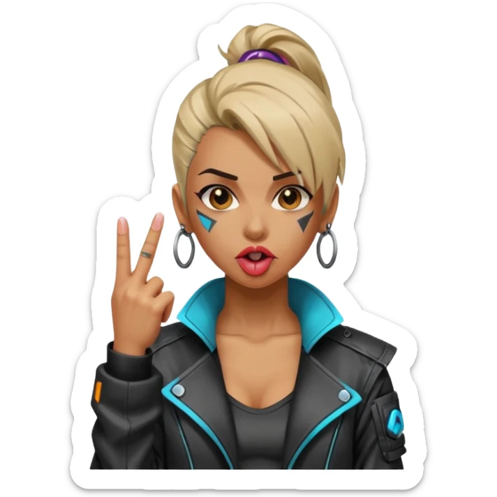 Woman with her tongue out in cyberpunk clothing and giving the middle finger. Looking naughty. sticker