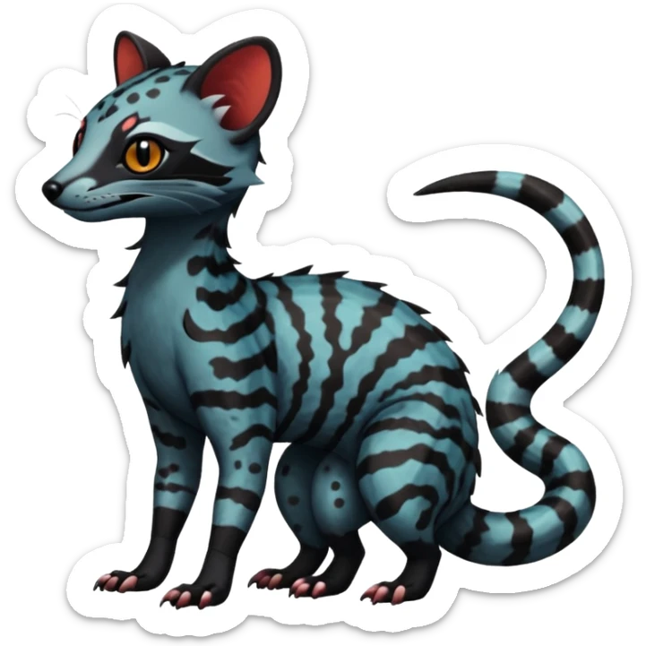 Rare warm-colored exotic edgy cute epic aesthetic spooky dark colorful Genet-Salandit-Civet-species-Fakemon-hybrid-creature, with beautiful intricate markings, full body sticker