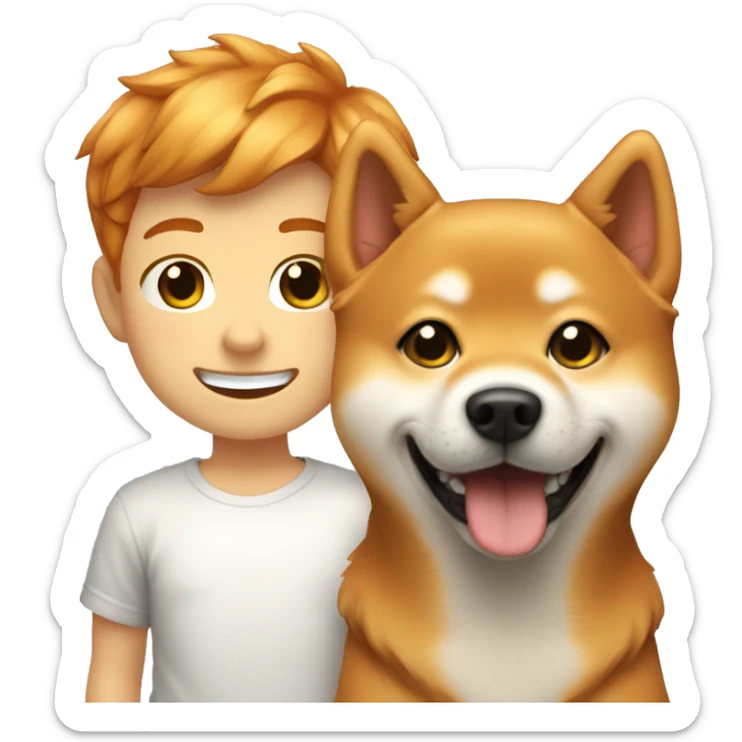 Golden Ginger boy 12 y o smiling with dog shiba inu  sticker