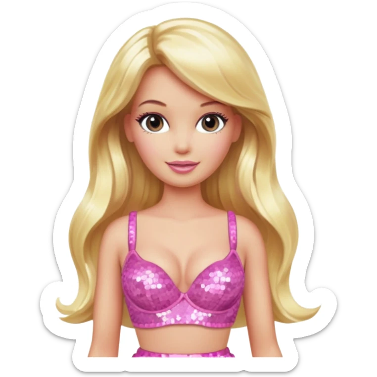 Barbie with long blonde hair, pink sequin bra, pink sequin skirt sticker
