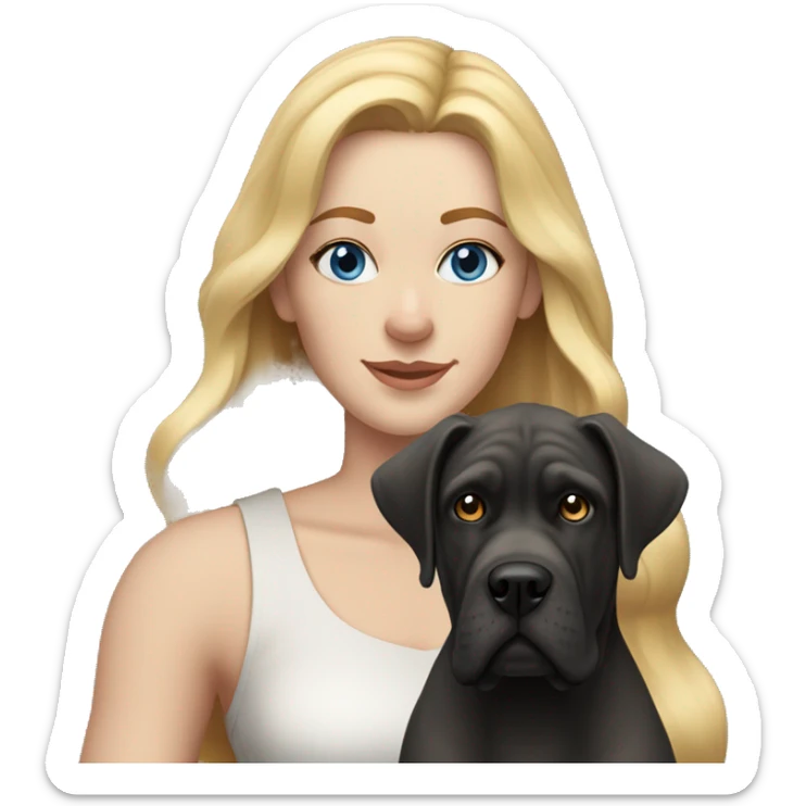 white woman with freckles, blue eyes and long blonde hair alongside a cane-corso dog  sticker