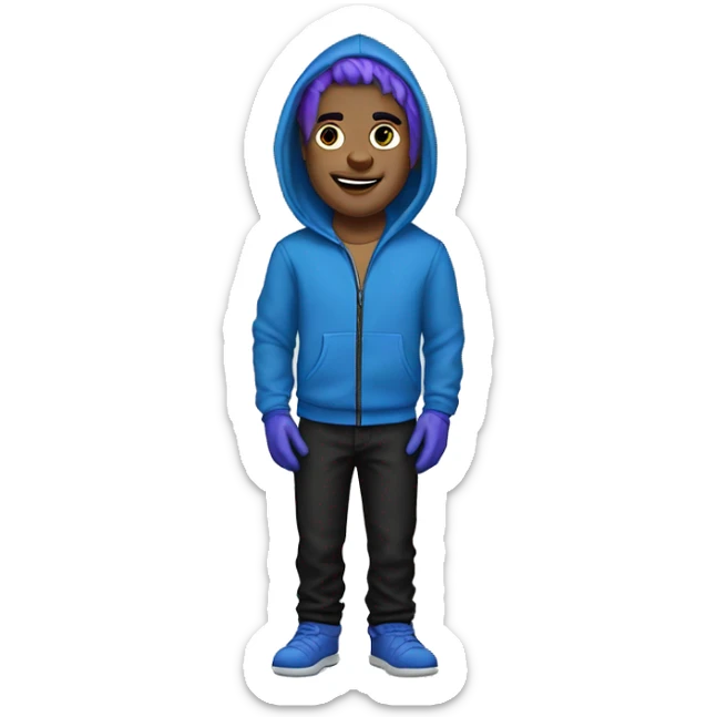 a man with blue hair, purple zipper hoodie, amarican, black pants, blue bike gloves, sticker