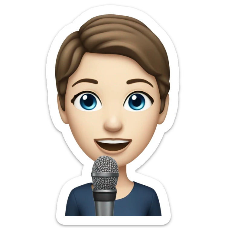 a woman with short brown hair, blue eyes, pale skin, singing into a microphone sticker