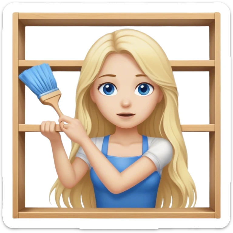 Cinematic realistic blonde with long hair, blue eyes wipes dust from a shelf sticker
