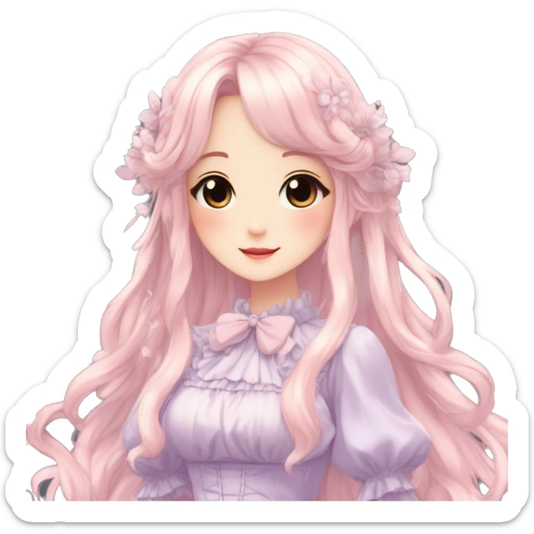 Cute kawaii gorgeous pretty anime pastel lady beautiful hair with gorgeous dress fairycore cottagecore detailed high quality trending aesthetic sticker