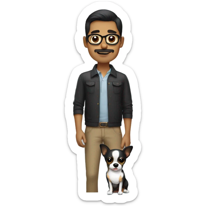 dark hair dark eye man with short mustache wearing glasses holding chihuahua sticker