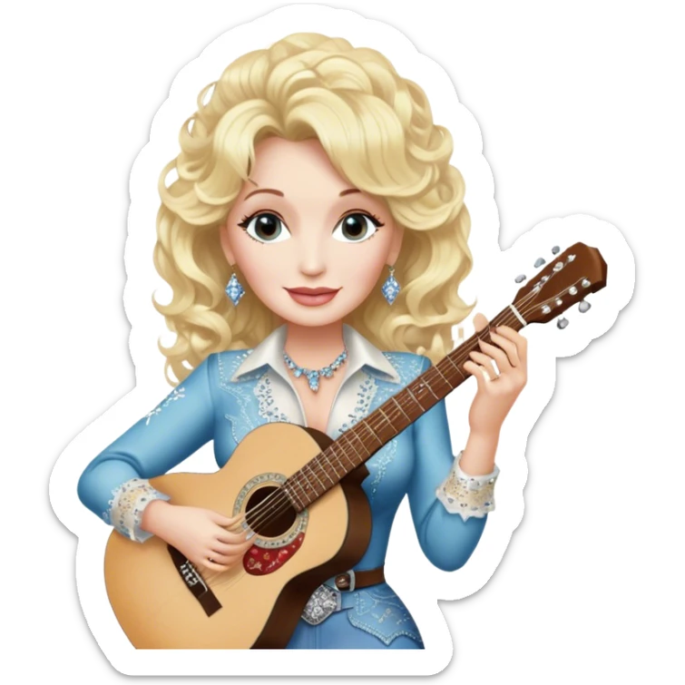 Icon for Country Music: Dolly Parton with her signature blonde curls, wearing a rhinestone-embellished outfit, holding an acoustic guitar. A classic country backdrop with musical notes, emphasizing her legendary status. Transparent background. sticker