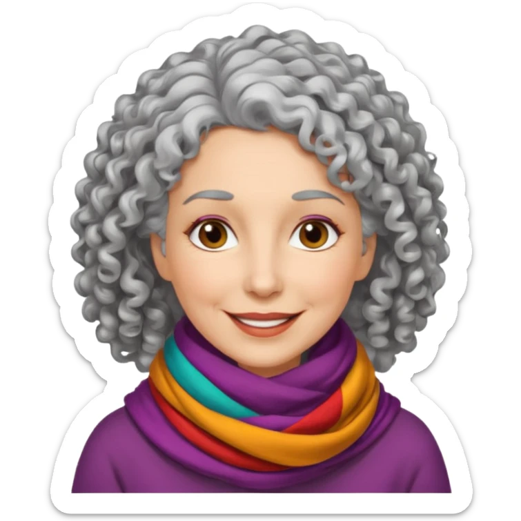 woman in her 50s, curly silver hair, wearing a colorful scarf, warm smile sticker