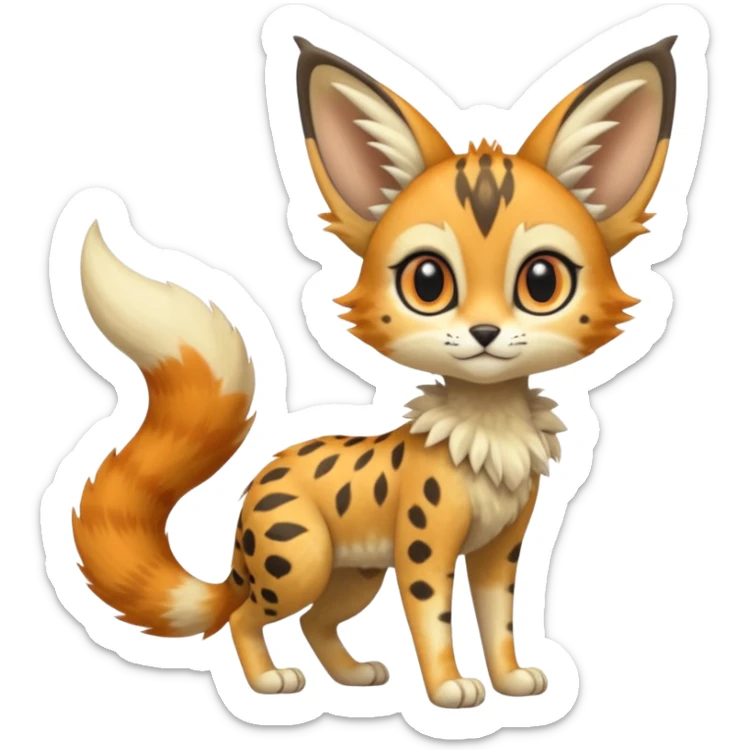 Big-eared big-eyed cute realistic animalistic feral digitigrade 4-legged anime-styled Meloetta-Trico-Vernid-Sergal-Serval-hybrid-fusion-creature-animal, full body sticker