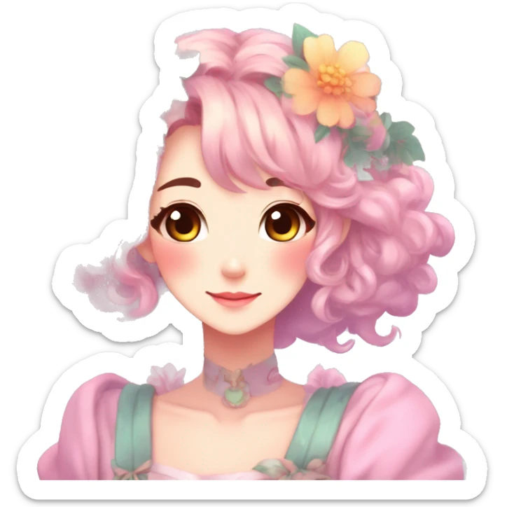 Gorgeous Shiny Colorful Pastel Anime Style Mature Lady with blushing face and pretty hair with a flower crown and antlers pastelcore kawaii cottagecore fairycore aesthetic trending style sticker