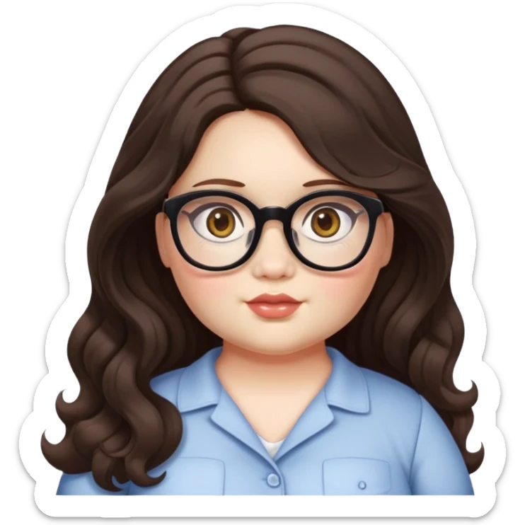  woman, long dark brown wavy hair, very light fair skin, hazel eyes, glasses, very chubby, doll style face, no smile
 sticker
