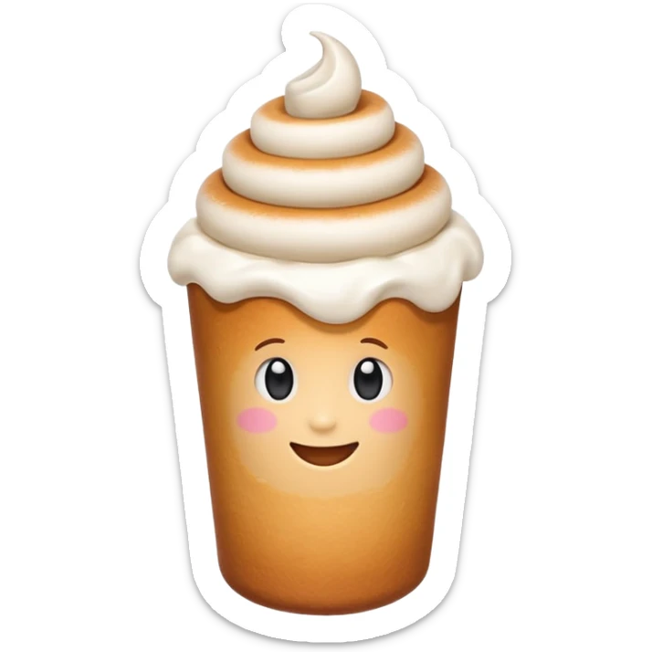 Cute emoji of a Hungarian chimney cake (kürtőskalács), cylindrical pastry, light brown baked dough with sugar coating, topped with white whipped cream, served in a small white paper cup sticker