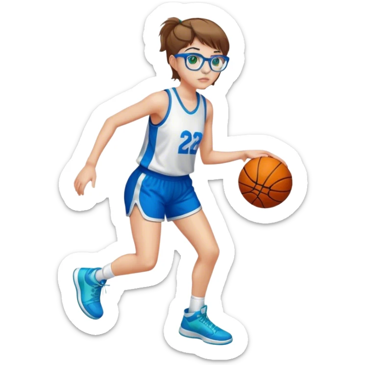 Full Body white Girl with basketball short short brown hair with blond highlights wearing blue glasses with green eyes sticker