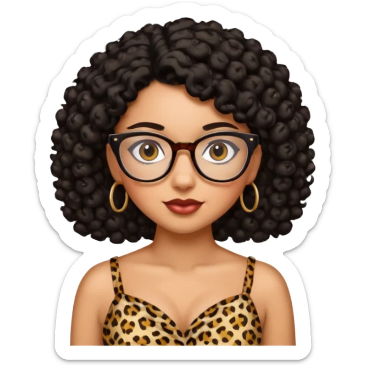 A women who wears glasses with a black curly hair, in a leopard print dress sweetheart neckline  sticker