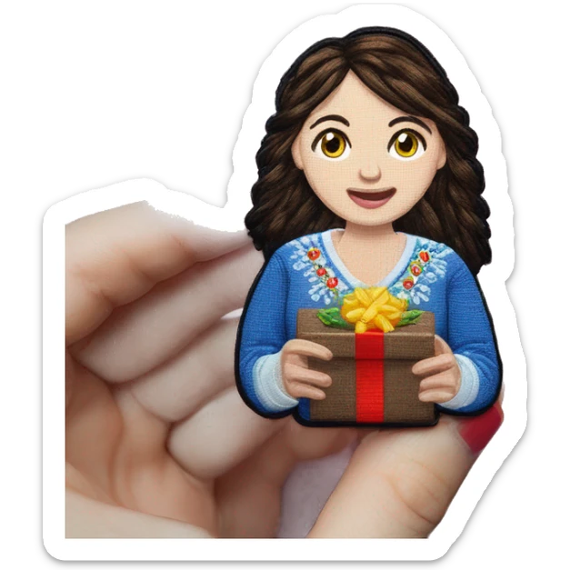 A female teacher in Ukrainian embroidery holds a gift in her hand sticker