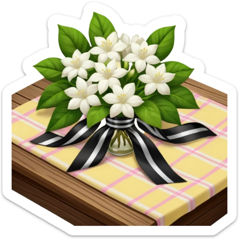 A lush bouquet of white color Jasmin black satin ribbon, resting on an antique wooden table, with a pale yellow and pink plaid pattern table cloth sticker
