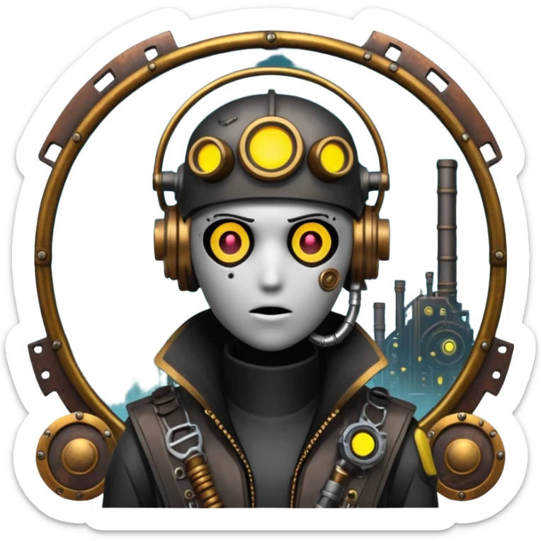 an apocalyptic backdrop in the style of cyber punk and steam punk ascetics sticker