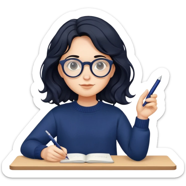 Designer with wavy black hair, round glasses, navy blue sweater, holding a design pen sticker