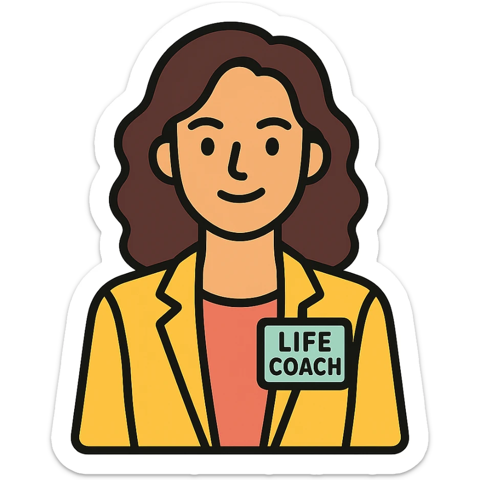 portrait of a calm, confident life coach woman with natural wavy hair, soft but energized expression, approachable professional style sticker