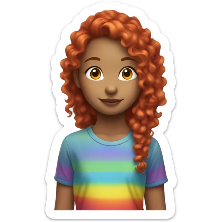 a girl with long red curly hair in a pony tail with rainbow shirt sticker