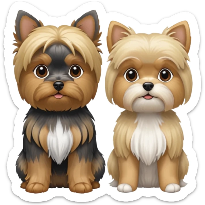 Generate a blue and tan purebred yorkie with a blonde shi tzu yorkie mix sitting next to each kther sticker