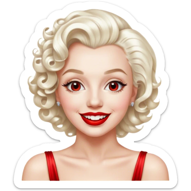 Cinematic Realistic Marilyn Monroe Emoji, featuring a glamorous, high-detail portrayal of the legendary Hollywood star. Her iconic platinum curls, radiant smile, and signature red lips are illuminated by dramatic, vintage-style lighting, evoking the timeless allure of classic cinema. sticker