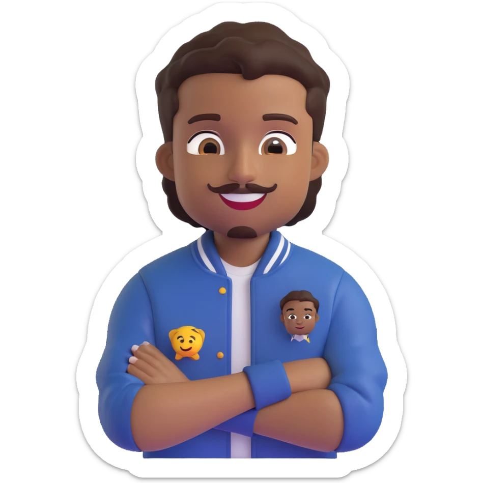 Create a male African American emoji with the hairstyle and features from the first reference photo, wearing a letterman jacket with an M on it, arms crossed and smiling, with a pencil mustache, in the same 3D cartoon style as the second reference image, no background. sticker